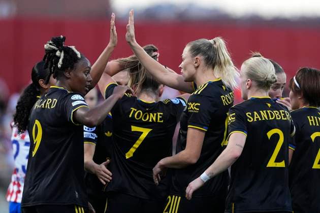 CLUB ATLETICO DE MADRID v Manchester United, ManU WOMEN. UEFA WOMEN S CHAMPIONS LEAGUE 2024 2025. MATCHDAY 2. Manchester United Women™s Fridolina Rolfo celebrates goal with her teammates during UEFA Women s Champions League, matchday 2. October 16, 2025. (ALTERPHOTOS Acero) Alcala de HenaresSpain  Copyright: xAcerox