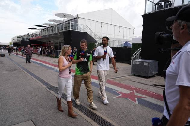 FORMULA 1 MSC CRUISES UNITED STATES GRAND PRIX 2025 16 10 2025, Circuit of The Americas, Austin, FORMULA 1 MSC CRUISES UNITED STATES GRAND PRIX 2025 , in the picture Sky Deutschland reporter Sandra Baumgartner, Nico Hülkenberg DEU , Stake F1 Team Kick Sauber, decathlete and reigning world champion Leo Neugebauer nordphotoxGmbHx xBratic nph00250