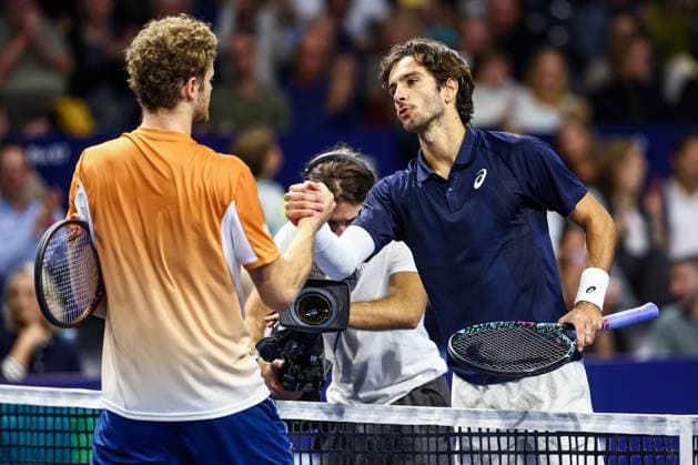 German Yannick Hanfmann and Italian Lorenzo Musetti pictured during the European Open ATP, Tennis Herren tennis tournament in Brussels, on Thursday 16 October 2025. This year s edition of the tournament is taking place from 12 to 19 October 2025. DAVIDxPINTENS  x136992362x