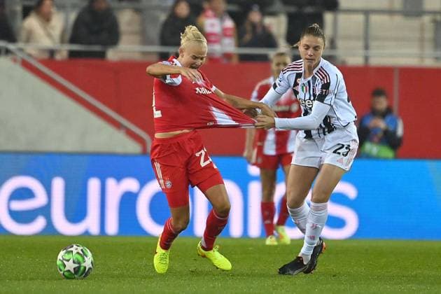 Cecilia SALVAI Turin , action,duel against Pernile HARDER FCB FC Bayern Muenchen Juventus Turin Womens Champions League on 16 10 2025 FC BAYERN CAMPUS