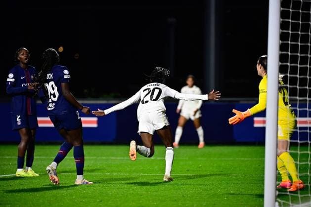 FOOTBALL : PSG vs Real Madrid - Ligue des Champions Feminine - 15 10 2025 Naomie Feller ( 20 - Real Madrid ) celebrates after scoring during the UEFA Women s Champions League match between Paris Saint Germain and Real Madrid CF at Campus de Poissy on october 15, 2025 in Possy, France. ( Photo by Federico Pestellini PsnewZ ) - PossyFrance  Copyright: xFedericoxPestellinix