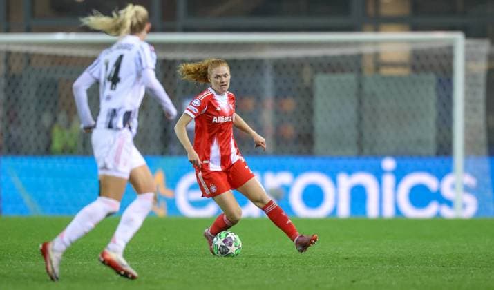 DEU, Munich, FC Bayern München vs Juventus Turin, Women s Champions League, UEFA, Season 2526, FC Bayern Campus, 2 Matchday in picture f l n r Amalie Vangsgaard Juventus Turin 14 , Stine Ballisager Bayern München 3 DFB DFL REGULATIONS PROHIBIT ANY USE OF PHOTOGRAPHS AS IMAGE SEQUENCES AND OR QUASI VIDEO, 16 10 2025, Copyright: HMBxMedia HendrikxHamelau