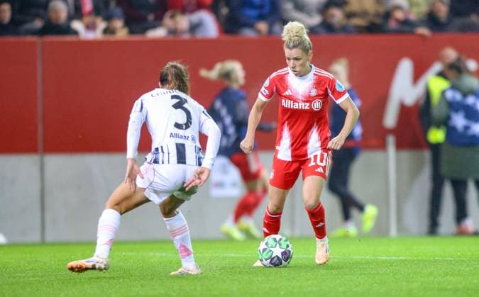 DEU, Munich, FC Bayern München vs Juventus Turin, Women s Champions League, UEFA, Season 2526, FC Bayern Campus, 2 Matchday in picture f l n r Estela Juventus Turin 3 , Linda Dallmann Bayern München 10 DFB DFL REGULATIONS PROHIBIT ANY USE OF PHOTOGRAPHS AS IMAGE SEQUENCES AND OR QUASI VIDEO, 16 10 2025, Copyright: HMBxMedia HendrikxHamelau