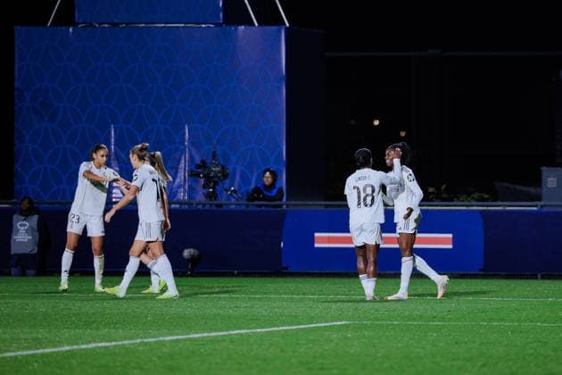 Naomie Feller (20 Real Madrid) celebrates with Linda Caicedo (18 Real Madrid) her team?s first goal during the UEFA Womens Champions League game between Paris Saint-Germain and Real Madrid at Campus PSG in Poissy, France. Copyright: xPaulinexFIGUETx xSPPx Sportspressphoto_SPR43479