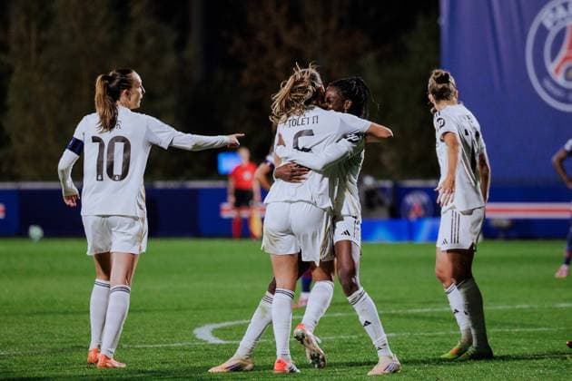 Naomie Feller (20 Real Madrid) and Sandie Toletti (6 Real Madrid) celebrate her team?s second goal during the UEFA Womens Champions League game between Paris Saint-Germain and Real Madrid at Campus PSG in Poissy, France. Copyright: xPaulinexFIGUETx xSPPx Sportspressphoto_SPR43493