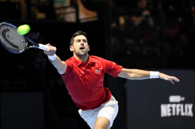 (251017) -- RIYADH, Oct. 17, 2025 -- Novak Djokovic of Serbia returns the ball during the semifinal match against Jannik Sinner of Italy at the Six Kings Slam tennis tournament in Riyadh, Saudi Arabia, Oct. 16, 2025. ) (SP)SAUDI ARABIA-RIYADH-TENNIS-6 KINGS SLAM-SEMIFINAL WangxHaizhou 