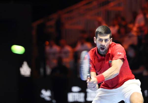 (251017) -- RIYADH, Oct. 17, 2025 -- Novak Djokovic of Serbia returns the ball during the semifinal match against Jannik Sinner of Italy at the Six Kings Slam tennis tournament in Riyadh, Saudi Arabia, Oct. 16, 2025. ) (SP)SAUDI ARABIA-RIYADH-TENNIS-6 KINGS SLAM-SEMIFINAL WangxHaizhou 