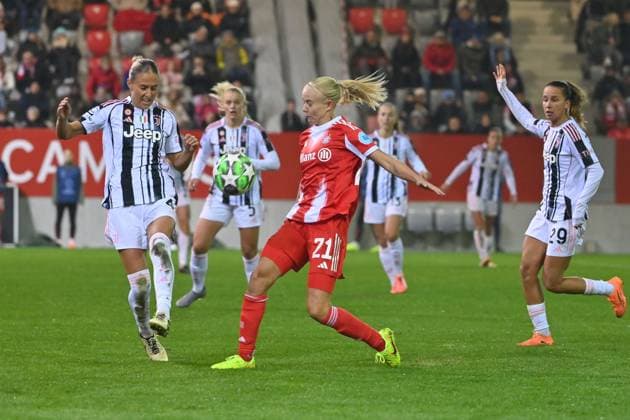 Pernile HARDER FCB , action,duel against Emma KULLBERG Turin FC Bayern Muenchen Juventus Turin 2 1 Womens Champions League on 16 10 2025 FC BAYERN CAMPUS