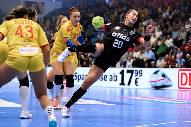 Gummersbach Handball Women European Championship Qualification, Germany North Macedonia v li Emilijana Rizoska Macedonia , Katerina Damjanoska Macedonia , Emily Vogel Germany Gummersbach Schwalbe Arena Germany