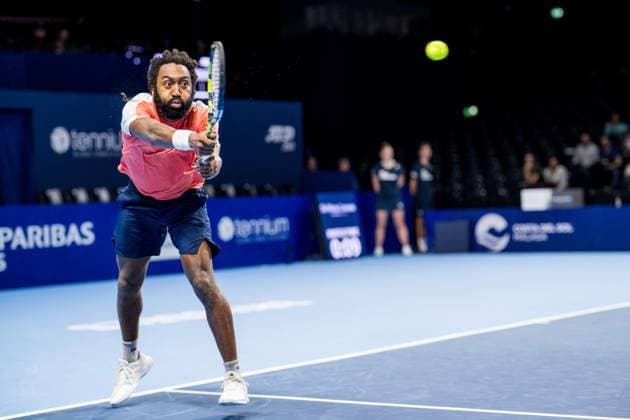 US Evan King pictured in action during the European Open ATP, Tennis Herren tennis tournament in Brussels, on Friday 17 October 2025. This year s edition of the tournament is taking place from 12 to 19 October 2025. JASPERxJACOBS  x137033248x