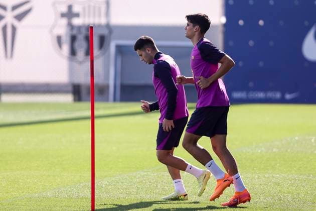 October 17, 2025, Sant Joan Despi, Barcelona, SPAIN: Roony Bardghji and Gerard Martin during the training day of FC Barcelona, Barca ahead the Spanish League, La Liga EA Sports, football match against Girona FC at Ciudad Esportiva Joan Gamper on October 17, 2025 in Sant Joan Despi, Barcelona, Spain. Sant Joan Despi SPAIN - ZUMAa181 20251017_zaa_a181_021 Copyright: xJavierxBorregox