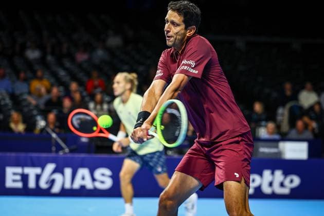 Brazilian Rafael Matos and Brazilian Marcelo Melo pictured in action during the European Open ATP, Tennis Herren tennis tournament in Brussels, on Friday 17 October 2025. This year s edition of the tournament is taking place from 12 to 19 October 2025. DAVIDxPINTENS  x137034321x