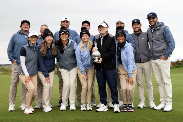 REPRO FREE*PRESS RELEASE NO REPRODUCTION FEE* EDITORIAL USE ONLY Carey Cup, Portmarnock Golf Club, Dublin 17 10 2025 MGA team members celebrate with the trophy MGA team members celebrate with the trophy 17 10 2025  Copyright: x INPHO LaszloxGeczox LG_007673