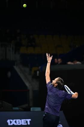 (251017) -- ALMATY, Oct. 17, 2025 -- Daniil Medvedev of Russia serves during the men s singles quarterfinal match against Fabian Marozsan of Hungary at the ATP250 Almaty Tennis Open in Almaty, Kazakhstan, on Oct. 17, 2025. ) (SP)KAZAKHSTAN-ALMATY-TENNIS-ALMATY OPEN-QUARTERFINAL LixRenzi 