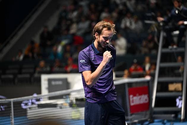 (251017) -- ALMATY, Oct. 17, 2025 -- Daniil Medvedev of Russia celebrates during the men s singles quarterfinal match against Fabian Marozsan of Hungary at the ATP250 Almaty Tennis Open in Almaty, Kazakhstan, on Oct. 17, 2025. ) (SP)KAZAKHSTAN-ALMATY-TENNIS-ALMATY OPEN-QUARTERFINAL LixRenzi 