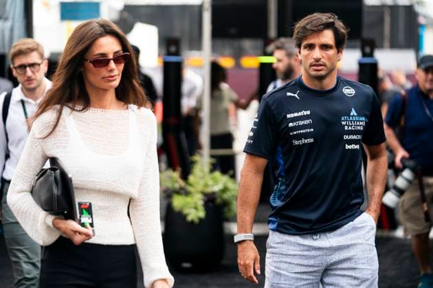 Spanish Formula One driver Carlos Sainz Jr. of Williams Racing and girlfriend Rebecca Donaldson arrive at the Formula One United States Grand Prix at the Circuit of the Americas in Austin, Texas on Friday, October 17, 2025.  AUS2025101703 GREGxNASH