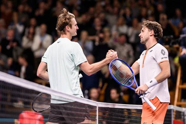 251017 Casper Ruud of Norway and Sebastian Korda of USA in a men s single quarter final tennis match during day 7 of the Nordic Open on October 17, 2025 in Stockholm Photo Simon Hastegard BILDBYRAN kod SH SH0654 tennis nordic open 7 bbeng norge  Copyright: SIMONxHASTEGARD BB251017SH005