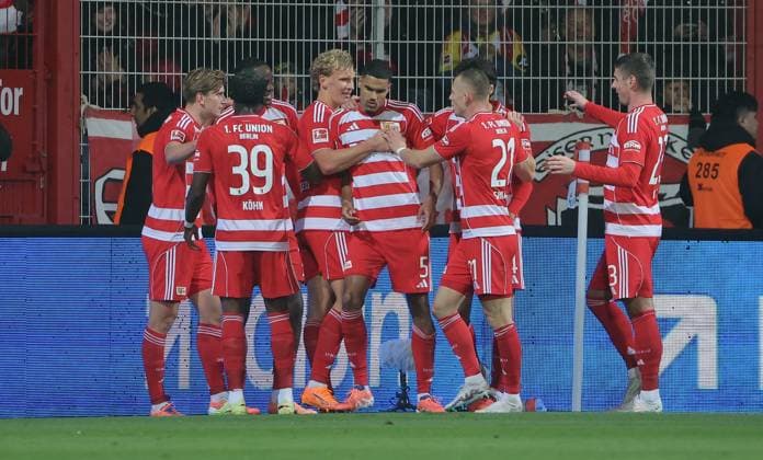 Center Danilho Doekhi cheers after 2 0 with teammates Joy Emotion Cheering Sport Football Soccer Bundesliga Men DFL 7 Matchday Season 2025 2026 17 10 2025 1 FC Union Berlin FCU vs Borussia Mönchengladbach BMG DFL regulations prohibit any use of photographs as image sequences and or quasi video