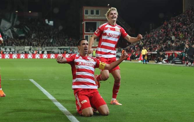 Rani Khedira cheers after 3 1 joy emotion jubilation Sport Football Soccer Bundesliga Men DFL 7 Matchday Season 2025 2026 17 10 2025 1 FC Union Berlin FCU vs Borussia Mönchengladbach BMG DFL regulations prohibit any use of photographs as image sequences and or quasi video