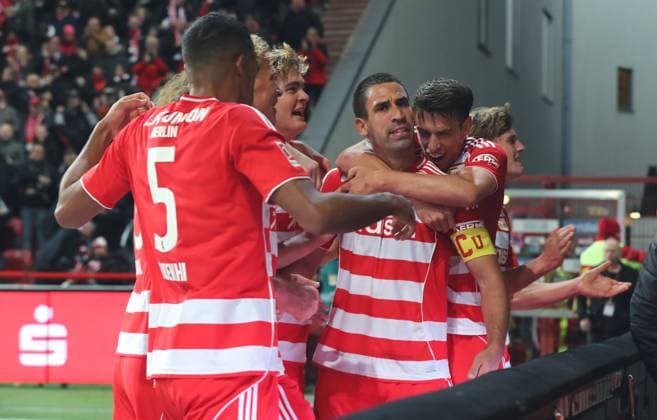 Rani Khedira cheers after 3 1 joy emotion jubilation Sport Football Soccer Bundesliga Men DFL 7 Matchday Season 2025 2026 17 10 2025 1 FC Union Berlin FCU vs Borussia Mönchengladbach BMG DFL regulations prohibit any use of photographs as image sequences and or quasi video