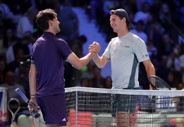 TENNIS - ATP, Tennis Herren Erste Bank Open VIENNA,AUSTRIA,17.OCT.25 - TENNIS - ATP World Tour, Erste Bank Open, Red Bull BassLine. Image shows Dominic Thiem and Joel Schwaerzler (AUT).  GEPAxpictures xWalterxLuger