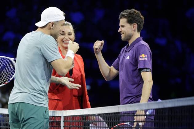 TENNIS - ATP, Tennis Herren Erste Bank Open VIENNA,AUSTRIA,17.OCT.25 - TENNIS - ATP World Tour, Erste Bank Open, Red Bull BassLine. Image shows Tallon Griekspoor (NED), Barbara Schett and Dominic Thiem.  GEPAxpictures xWalterxLuger