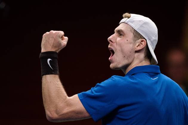 251017 Denis Shapovalov of Canada celebrates in a men s single quarter final tennis match during day 7 of the Nordic Open on October 17, 2025 in Stockholm Photo Simon Hastegard BILDBYRAN kod SH SH0654 tennis nordic open 7 bbeng jubel  Copyright: SIMONxHASTEGARD BB251017SH054
