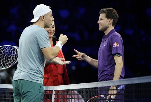TENNIS - ATP, Tennis Herren Erste Bank Open VIENNA,AUSTRIA,17.OCT.25 - TENNIS - ATP World Tour, Erste Bank Open, Red Bull BassLine. Image shows Tallon Griekspoor (NED) and Dominic Thiem.  GEPAxpictures xWalterxLuger