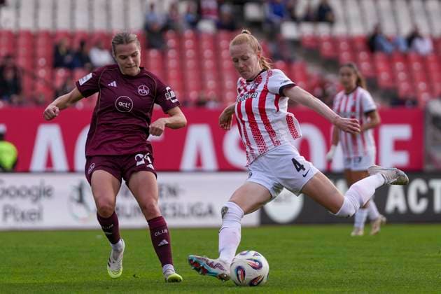 Meret Felde SC Freiburg, 04 am Ball , Germany, Soccer, GooglePixel Women Bundesliga, 7 Matchday, 2025 2026, 1 FC Nürnberg vs SC Freiburg, 18 10 2025, Max Morlock Stadion, Nuremberg, Germany DFB REGULATIONS PROHIBIT ANY USE OF PHOTOGRAPHS AS IMAGE SEQUENCES AND OR QUASI VIDEO Nuremberg Max Morlock Stadion Bayern Germany Copyright: xArnexAmbergx