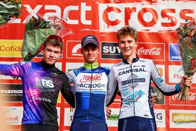 Belgian Jari Van Lee, Dutch Delano Heeren and Dutch NoÃ«l Goijert pictured on the podium after the men s junior race of the Exact Cross Essen, stage 2 (out of 7) in the Exact Cross cyclocross competition, Saturday 18 October 2025, in Essen. DAVIDxPINTENS  x137148659x