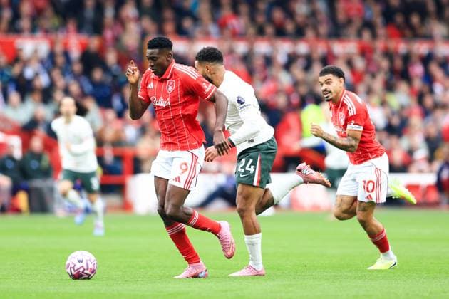 Nottingham, England, 18th October 2025. Taiwo Awoniyi of Nottingham Forest runs with the ball during the Nottingham Forest vs Chelsea Premier League match at the City Ground, Nottingham. Picture credit should read: Jessica Hornby Sportimage EDITORIAL USE ONLY. No use with unauthorised audio, video, data, fixture lists, club league logos or live services. Online in-match use limited to 120 images, no video emulation. No use in betting, games or single club league player publications. SPI_019_JH_Forest_Chelsea SPI-4217-0019
