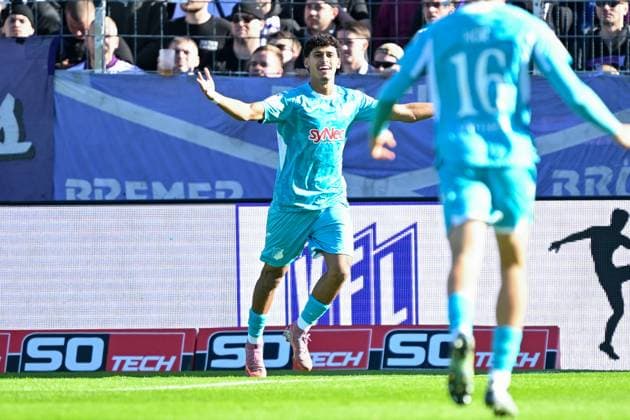 3 Liga 25 26 VfL Osnabrück TSG Hoffenheim II on 18 10 2025 at Bremer Brücke in Osnabrück Cheering, goal celebration, goal scorer, goal scorer Ayoube Amaimouni Echghouyab Hoffenheim cheers after his goal for 0 1 MT