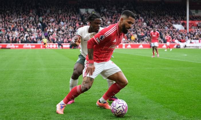 Douglas Luiz of Nottingham Forest competes for the ball with Romeo Lavia of Chelsea FC during the Premier league football match between Nottingham Forest and Chelsea FC at City Ground in Nottingham. Copyright: xPaulxBonser SportsxPressxPhotox Sportspressphoto_SPR43855