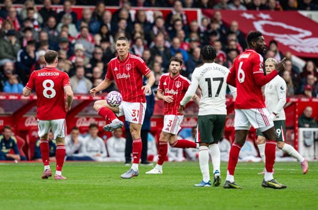 18th October 2025; The City Ground, Nottingham, England; Premier League Football, Nottingham Forest versus Chelsea; Nikola Milenkovic of Nottingham Forest on the ball  GodfreyxPitt