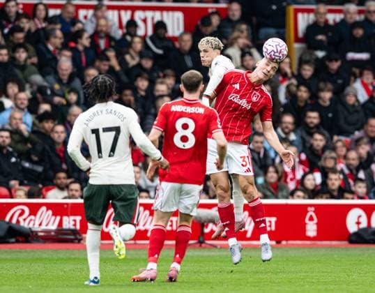 18th October 2025; The City Ground, Nottingham, England; Premier League Football, Nottingham Forest versus Chelsea; Nikola Milenkovic of Nottingham Forest wins a header from Alejandro Garnacho of Chelsea  GodfreyxPitt
