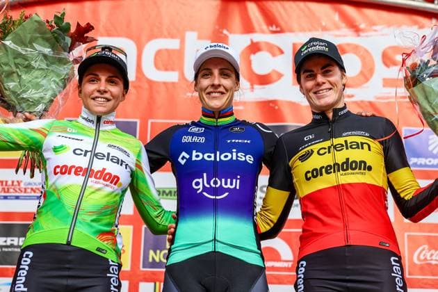 Italian Sara Casasola, Dutch Lucinda Brand and Belgian Marion Norbert Riberolle pictured on the podium after the women s elite race of the Exact Cross Essen, stage 2 (out of 7) in the Exact Cross cyclocross competition, Saturday 18 October 2025, in Essen. DAVIDxPINTENS  x137154709x