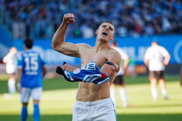 Goal celebration with free upper body Goalscorer 2 0 Jan Mejdr Rostock GER, FC Hansa Rostock vs SV Wehen Wiesbaden, Soccer, Men, 3 League, Matchday 11, Season 2025 2026,18 10 2025 Rostock Ostseestadion Mecklenburg Vorpommern Germany