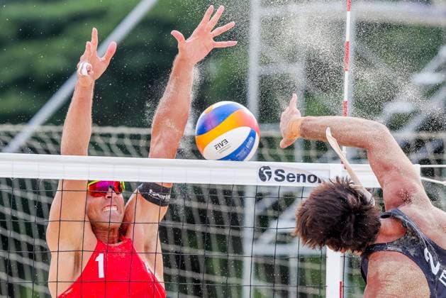 (251018) -- LAGUNA PROVINCE, Oct. 18, 2025 -- Marco Viscovich (R) of Italy competes against Alejandro Huerta Pastor of Spain during the men s quarterfinal match between Alejandro Huerta Pastor Adrian Gavira Collado of Spain and Enrico Rossi Marco Viscovich of Italy in the Volleyball World Beach Pro Tour in Laguna Province, the Philippines, on October 18, 2025. ) (SP)THE PHILIPPINES-LAGUNA PROVINCE-VOLLEYBALL WORLD BEACH PRO TOUR ROUELLExUMALI 
