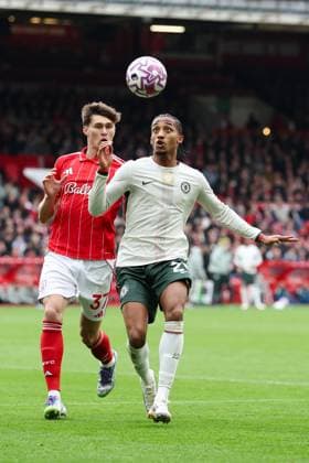 Nottingham, England, 18th October 2025. Joao Pedro of Chelsea controls the ball whilst under pressure from Nicolo Savona of Nottingham Forest during the Nottingham Forest vs Chelsea Premier League match at the City Ground, Nottingham. Picture credit should read: Jessica Hornby Sportimage EDITORIAL USE ONLY. No use with unauthorised audio, video, data, fixture lists, club league logos or live services. Online in-match use limited to 120 images, no video emulation. No use in betting, games or single club league player publications. SPI_080_JH_Forest_Chelsea SPI-4217-0080