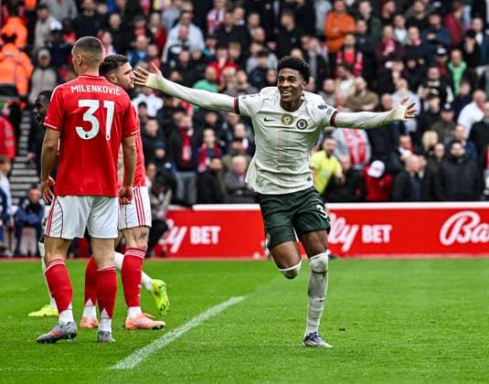 18th October 2025; The City Ground, Nottingham, England; Premier League Football, Nottingham Forest versus Chelsea; Josh Acheampong of Chelsea celebrates after scoring in the 49th minute for 0-1  GodfreyxPitt