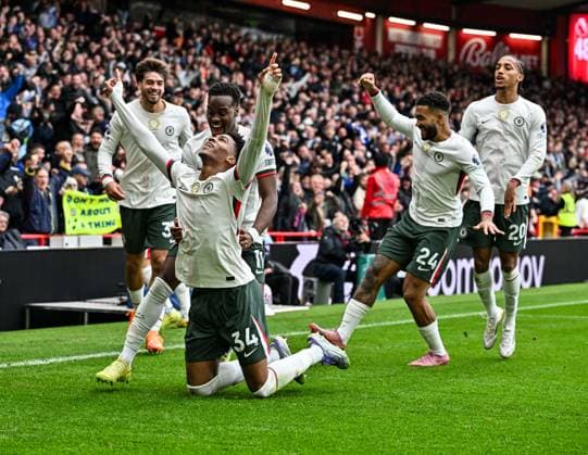 18th October 2025; The City Ground, Nottingham, England; Premier League Football, Nottingham Forest versus Chelsea; Josh Acheampong of Chelsea celebrates with his team after scoring in the 49th minute for 0-1  GodfreyxPitt