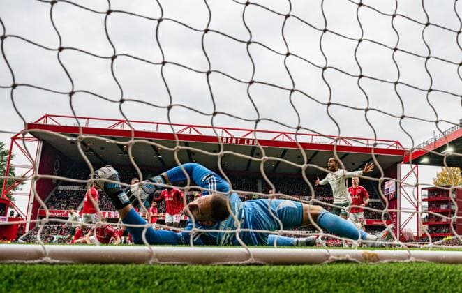 18th October 2025; The City Ground, Nottingham, England; Premier League Football, Nottingham Forest versus Chelsea; Matz Sels of Nottingham Forest is beaten by a free kick by Joao Pedro of Chelsea in the 52nd minute to make the score 0-2  GodfreyxPitt