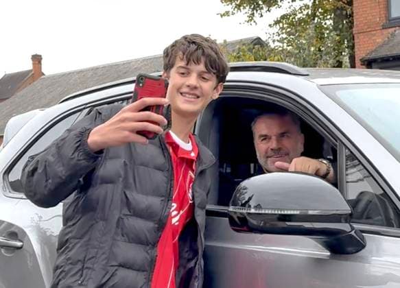 Ange Postecoglu (Head Coach Nottingham Forest) poses for pictures with fans after being sacked after the4 defeat to Chelsea. Ange Postecoglu (Head Coach Nottingham Forest) was seen driving away from the ground shortly after the end of the game and was amiable with fans on the road before 3.00. **Minimum online usage fee Â£40.00 per use** Video also available Â 
