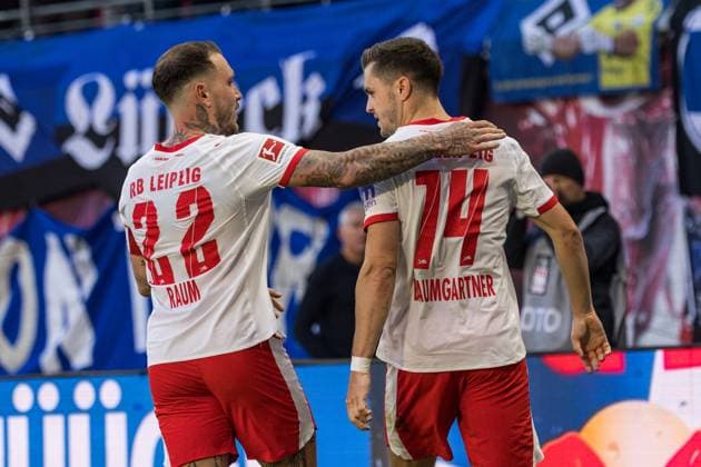 GER, Bundesliga, RB Leipzig Hamburger SV 18 10 2025, Red Bull Arena, Leipzig, GER, Bundesliga, RB Leipzig Hamburger SV Goal celebration by David Raum RB Leipzig 22 and Christoph Baumgartner RB Leipzig 14 Â nordphotoxGmbHxx xAlexanderxTrienitz nph00051