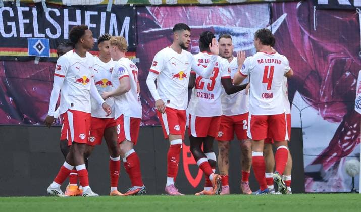 Christoph Baumgartner cheers with teammates after 1 0 Joy Emotion Cheering Sport Soccer Football DFL Bundesliga Men 7 Matchday Season 2025 2026 18 10 2025 Rasen Ballsport RB Leipzig RBL vs Hamburger SV HSV at RedBull Arena DFL regulations prohibit any use of photographs as image sequences and or quasi video