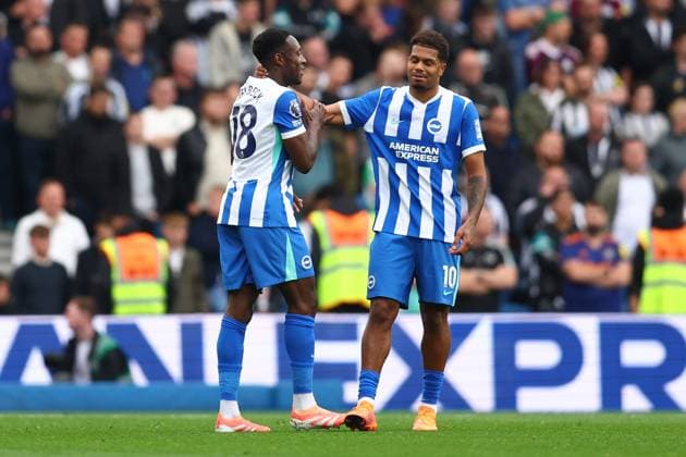 Brighton and Hove, England, 18th October 2025. Danny Welbeck (L) of Brighton and Hove Albion celebrates with Georginio Rutter of Brighton and Hove Albion after scoring to make it 1-0 during the Brighton and Hove Albion vs Newcastle United Premier League match at the AMEX Stadium, Brighton and Hove. Picture credit should read: Paul Terry Sportimage EDITORIAL USE ONLY. No use with unauthorised audio, video, data, fixture lists, club league logos or live services. Online in-match use limited to 120 images, no video emulation. No use in betting, games or single club league player publications. SPI_021_PT_Brighton_Newcastle SPI-4218-0021