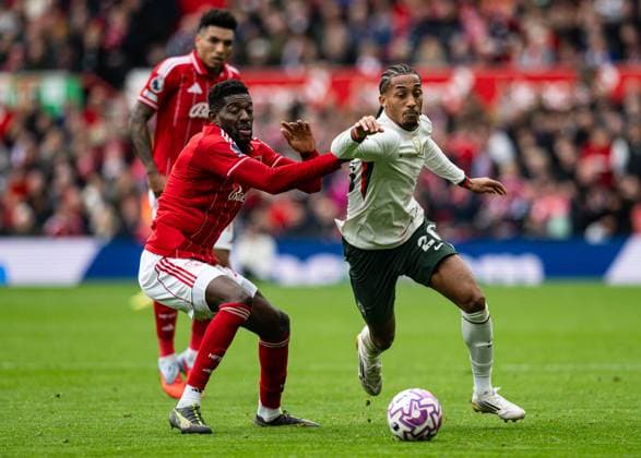 18th October 2025; The City Ground, Nottingham, England; Premier League Football, Nottingham Forest versus Chelsea; Joao Pedro of Chelsea looks to beat Ibrahim Sangare of Nottingham Forest  GodfreyxPitt