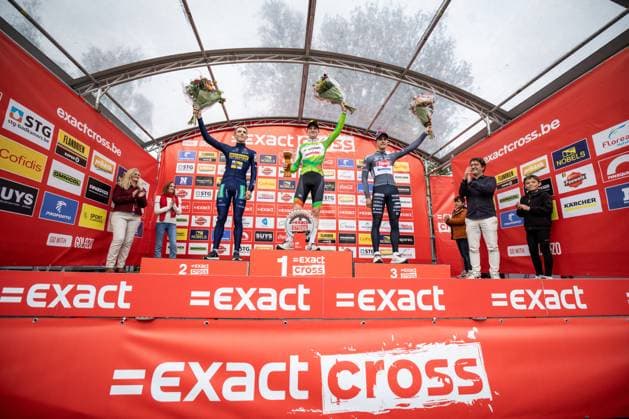 Belgian Victor Van de Putte, Belgian Toon Vandebosch and Belgian Niels Vandeputte pictured on the podium after the men s elite race of the Exact Cross Essen, stage 2 (out of 7) in the Exact Cross cyclocross competition, Saturday 18 October 2025, in Essen. DAVIDxPINTENS  x137166959x