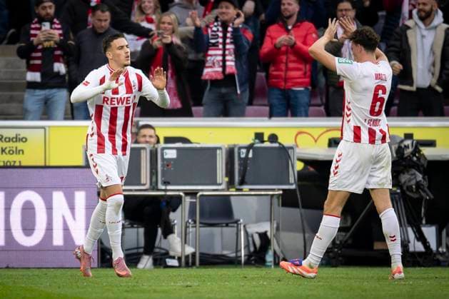 KOELN, GERMANY - OCTOBER 18: Said el Mala (1. FC Koeln, 13) is celebrating with Eric Martel (1. FC Koeln, 6) after his 1:1 goal during the Bundesliga match between 1. FC Koeln vs. FC Augsburg at the Rheinenergie-Stadion on matchday 7 of the 1. Bundesliga on October 18, 2025 in Koeln, Germany. DFL REGULATIONS PROHIBIT ANY USE OF PHOTOGRAPHS AS IMAGE SEQUENCES AND OR QUASI-VIDEO. Nordrhein-Westfalen Germany Copyright: xBEAUTIFULxSPORTS AxelxKohringx