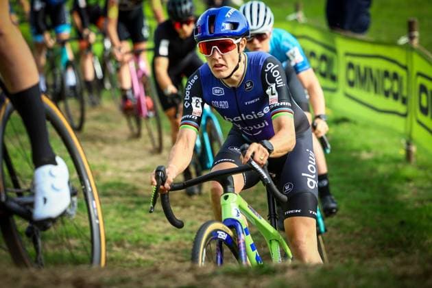 Dutch Lucinda Brand pictured in action during the women s elite race of the Exact Cross Essen, stage 2 (out of 7) in the Exact Cross cyclocross competition, Saturday 18 October 2025, in Essen. DAVIDxPINTENS  x137167635x